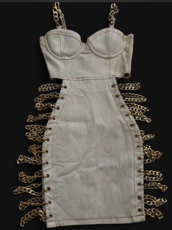 AKIRA Dresses & Skirts - AKIRA Cream Midi Dress with Gold Chain Trim